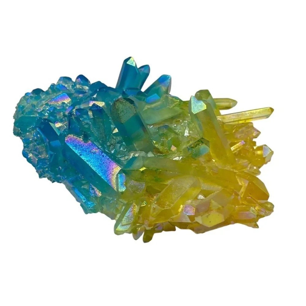 Aura Quartz Crystal Cluster Yellow Blue Clear Iridescent Stone Display Gift